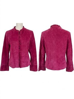 Ruffled Suede Leather Jacket in Magenta